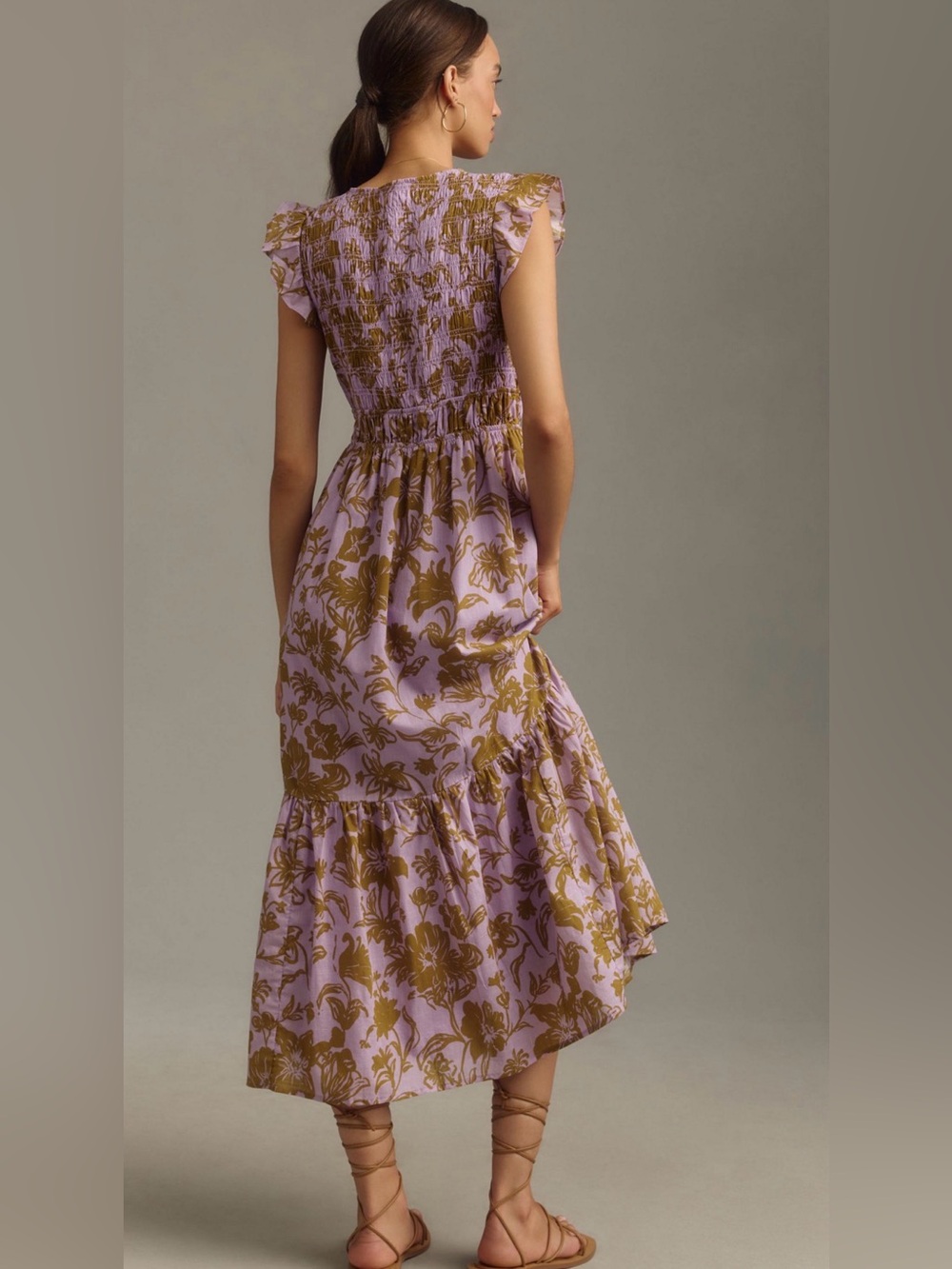 Anthropologie Peregrine Midi Dress Smocked Bodice V-Neck Button Front Pockets L - Picture 6 of 16
